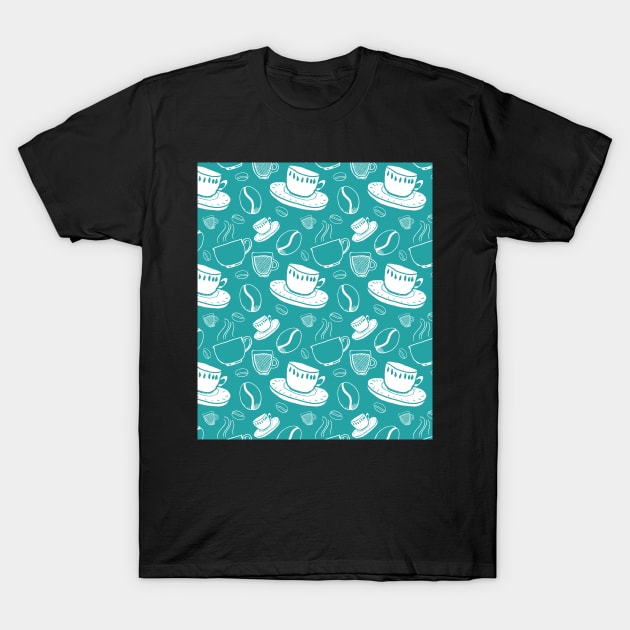 Coffee Pattern Turquoise Teal T-Shirt by dreamingmind